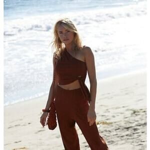 Free People One Shoulder Tie Crop Top Alexa Set Chocolate Brown XS Boho Romantic